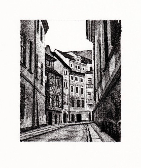 Prague Old Town Stippled Ink Drawing