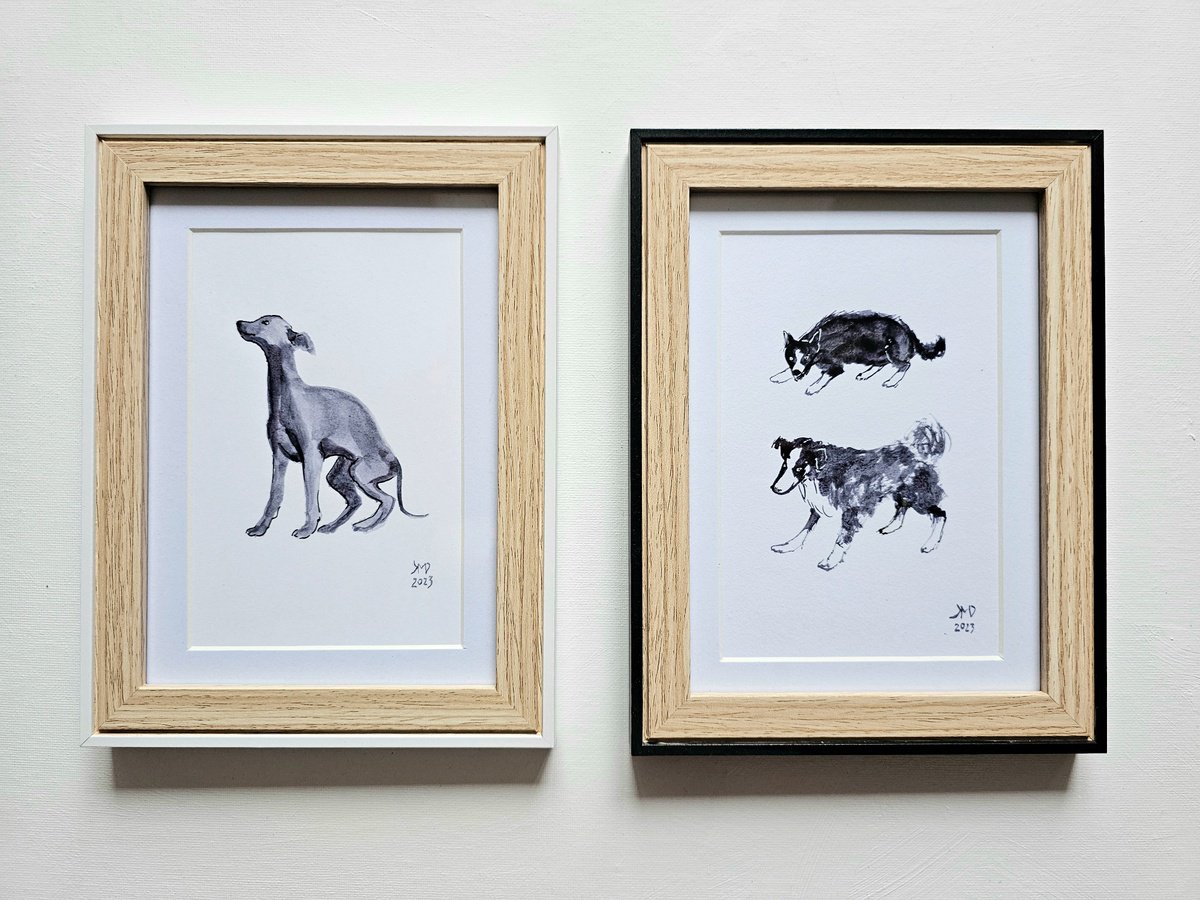 Expressive Animal Ink Drawing By Ksenia June, 6 X 8", A Couple Of Dogs And A Pup, Original Artwork