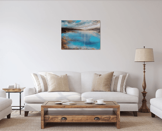 A large semi-abstract beautiful structured mixed media painting of a seascape with the sunrise "A new day" from "Silence" series