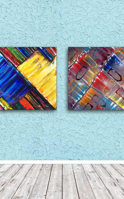 "Are We So Different?" - FREE USA SHIPPING - Save As A Series - Unique PMS Geometric Oil Painting Diptych On Canvas - 40" x 20" by Preston M. Smith (PMS)