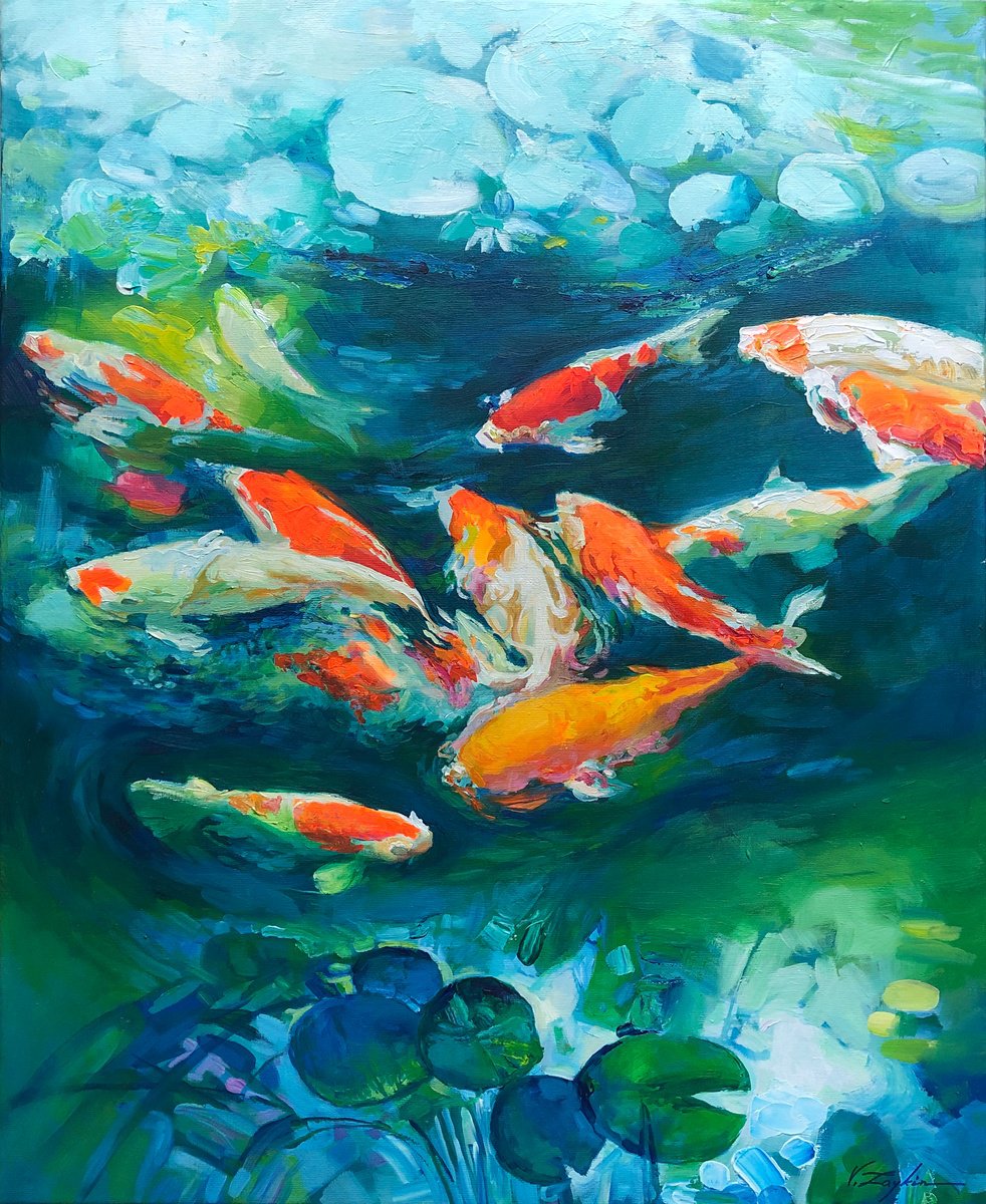 Impressionistic Botanical Acrylic Painting By Viacheslav Zaykin, 26 X 32", Fish In The Pond.| Koi Art, Original Artwork