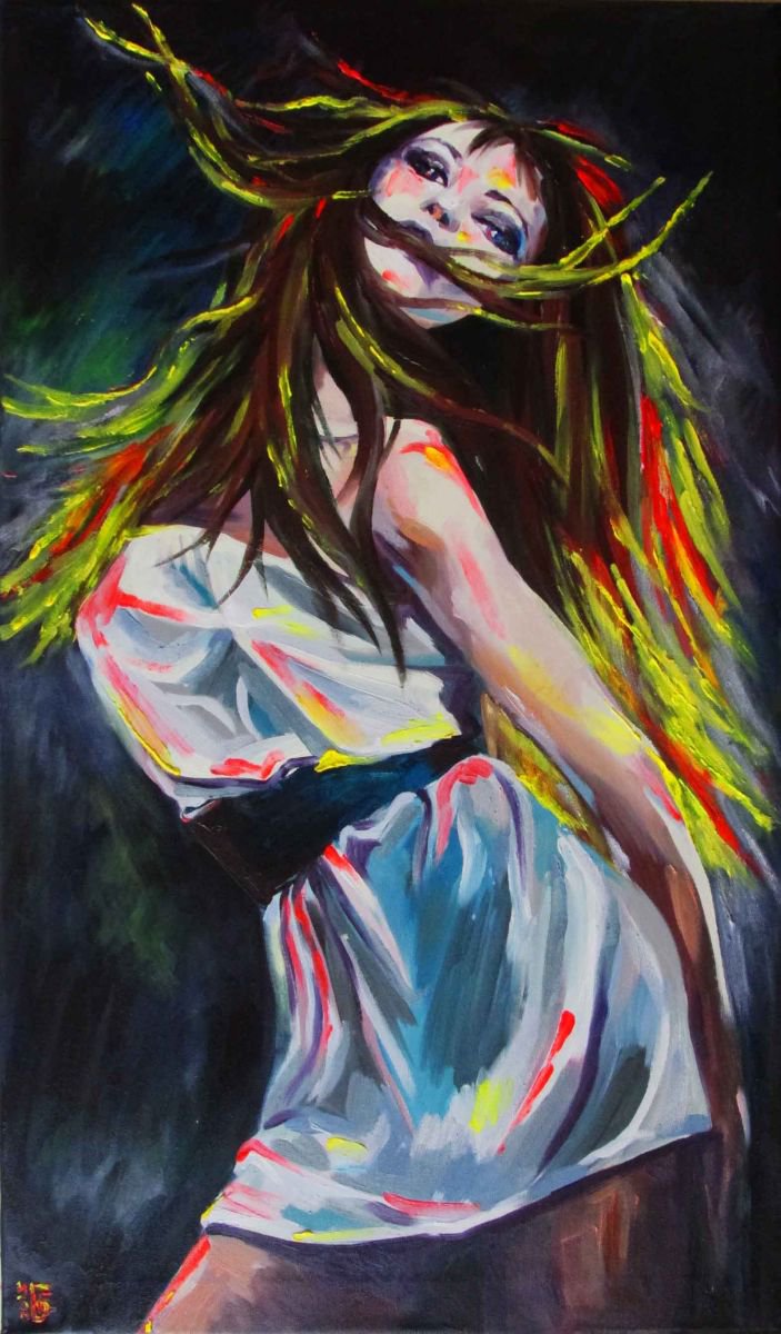 Impressionistic Portrait Oil Painting By Kateryna Bortsova, 20 X 33", Rhythm Of The Night, Original Artwork