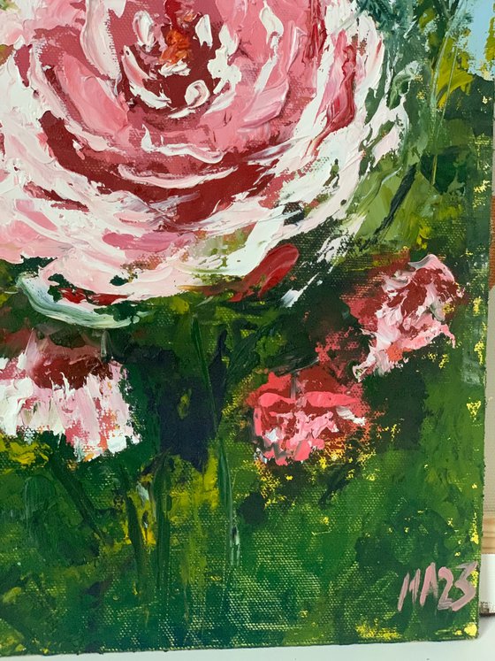 BRIGHT Roses - Summer day. Pink roses. Lush buds. Abstract technique. Expressive landscape. Smile. Dawn.