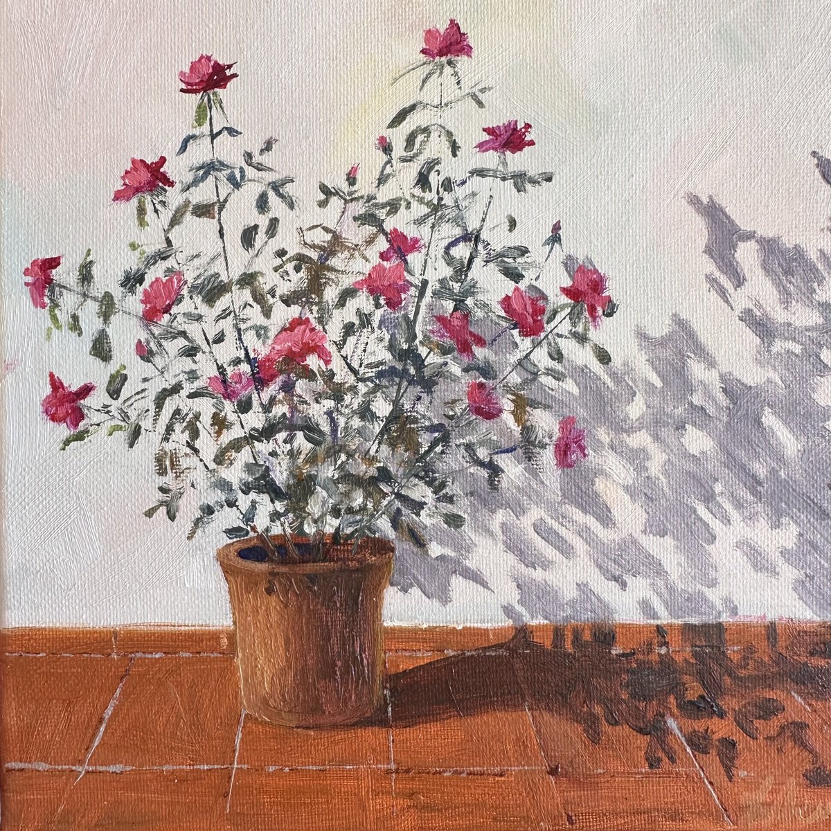 Impressionistic Botanical Oil Painting By Nataliya Lemesheva, 14 X 14", Flowerpot. Roses, Original Artwork