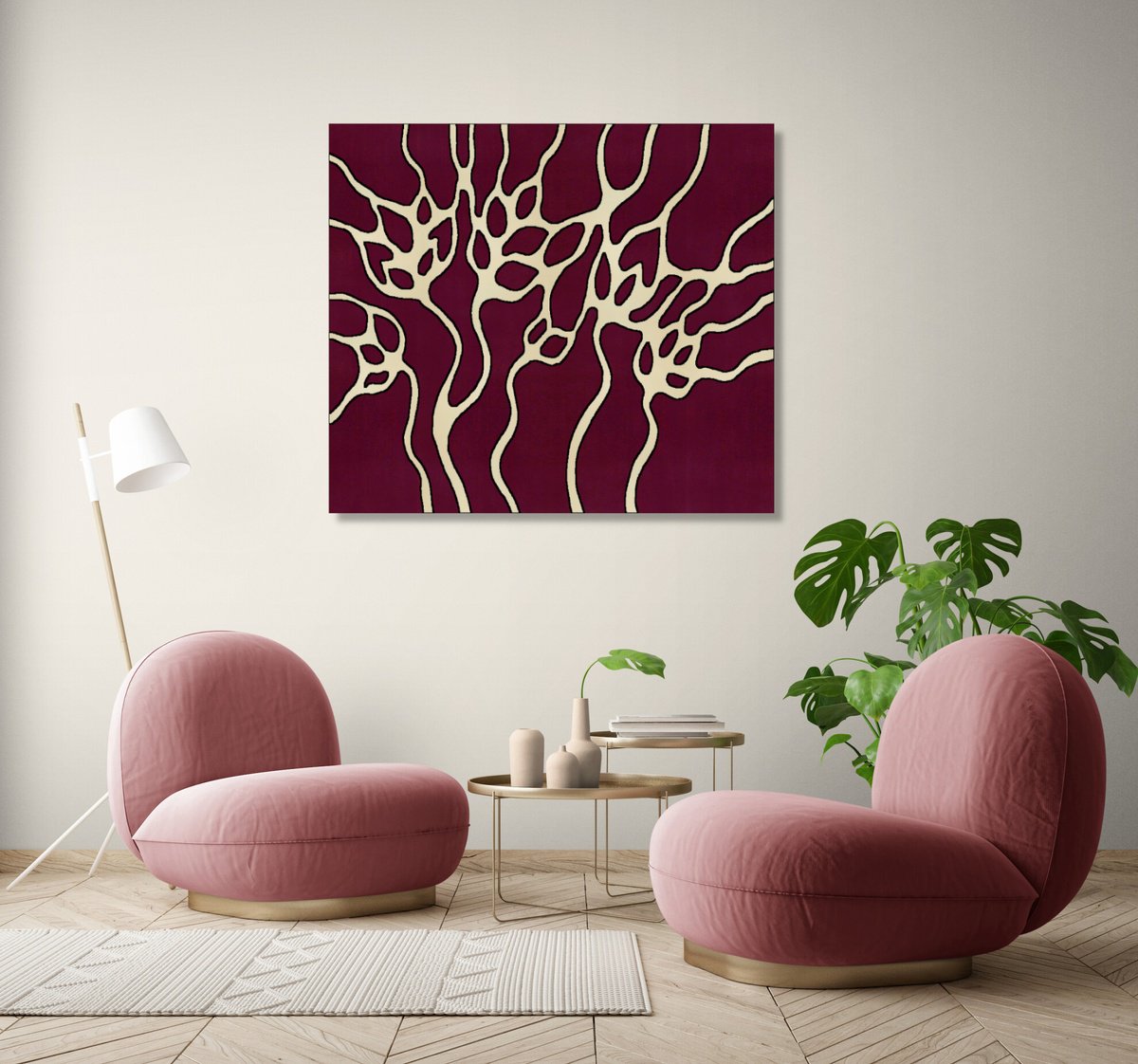 Botanical Acrylic Painting By Marina Krylova, 28 X 24", Abstract Flowers #20, Original Artwork