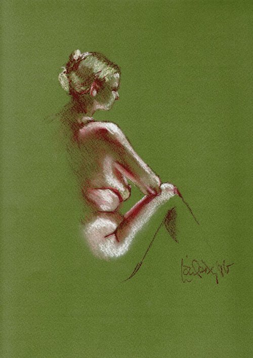 Georgie - female nude - side view - green background by Louise Diggle