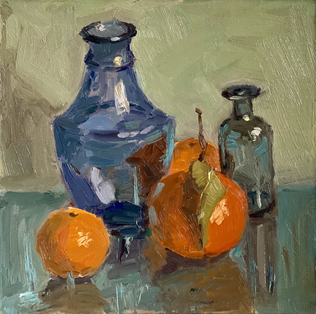 Expressive Still Life Oil Painting By Nithya Swaminathan, 8 X 8", Oranges And Blue Glass, Original Artwork