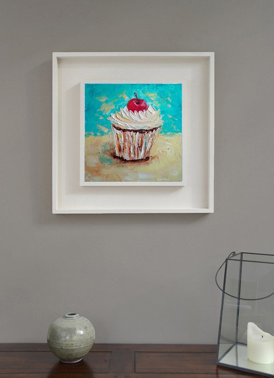 Cupcake Painting Original Art Dessert Artwork Impasto Small Food Wall Art 8 by 8