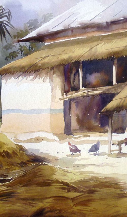 Morning Bengal Village Landscape-Watercolor on Paper by Samiran Sarkar