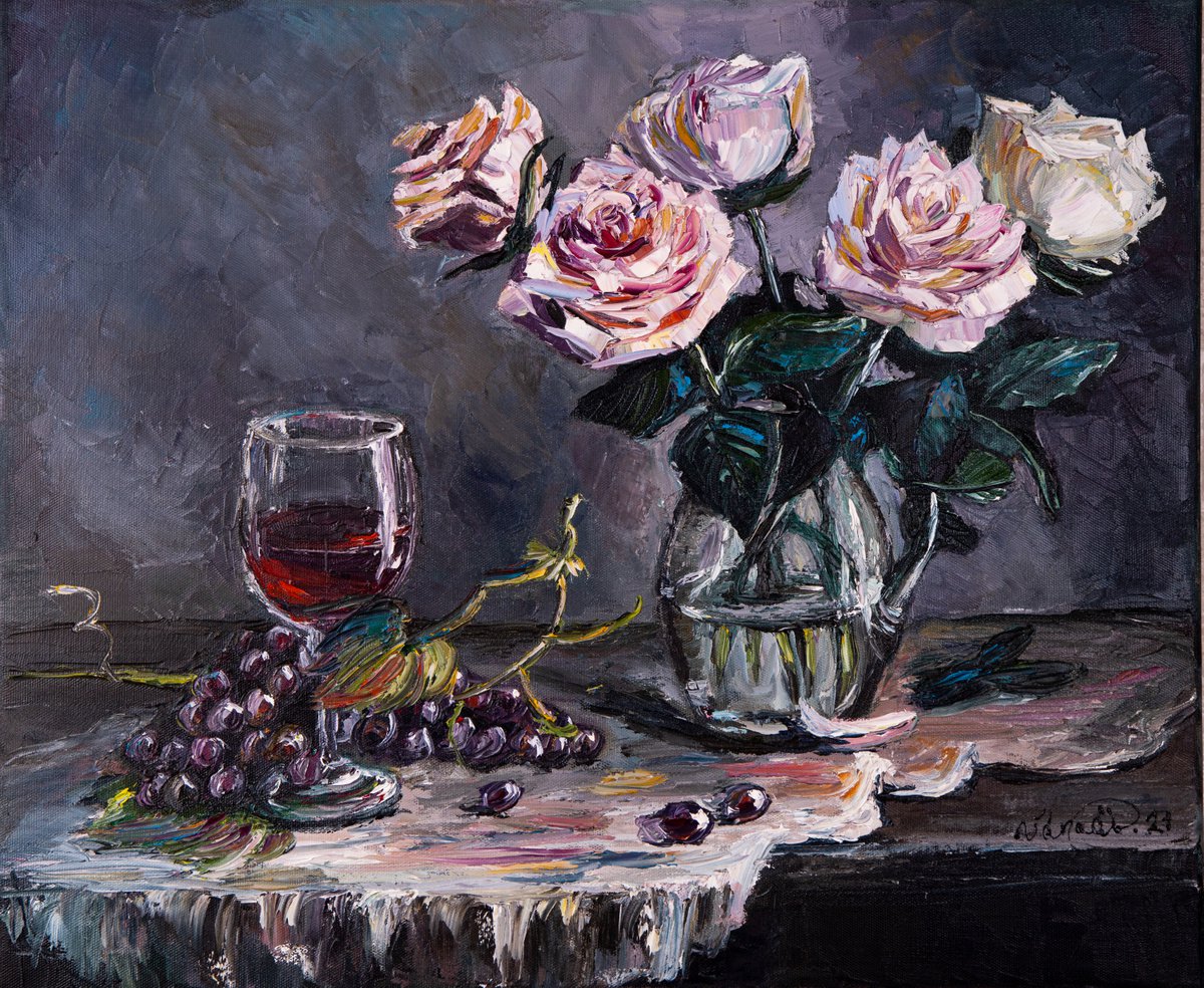 Bouquet of roses and wine by Catherine Varadi