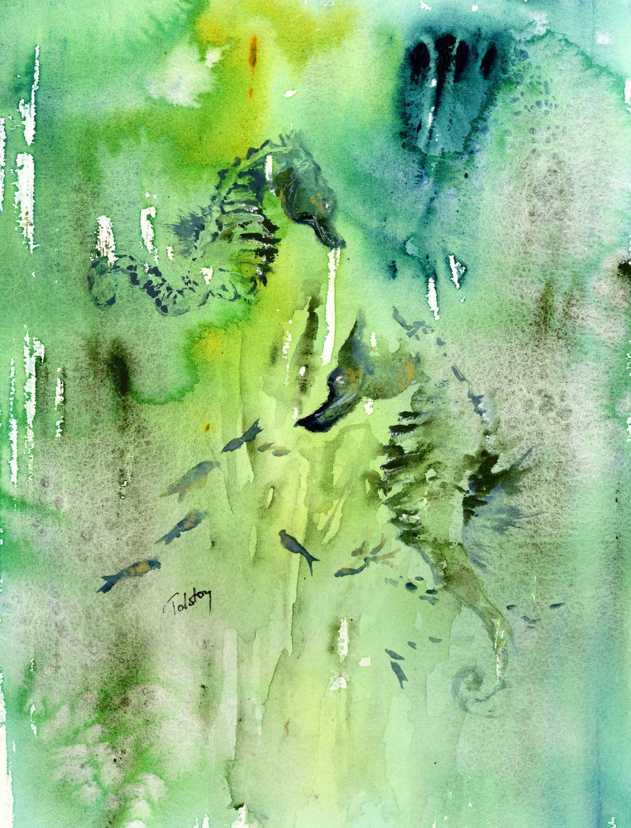 Impressionistic Animal Watercolour By Alex Tolstoy, 10 X 14, Seahorses In The Kelp, Original Artwork