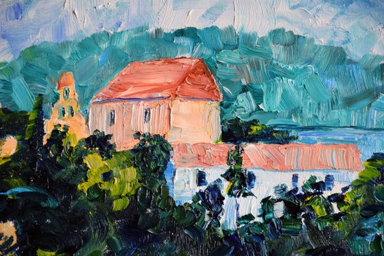 Greece island seascape large oil painting on canvas, monastery on mountain, coastal home decor