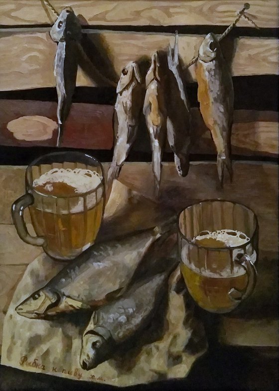 Still life with fish and beer