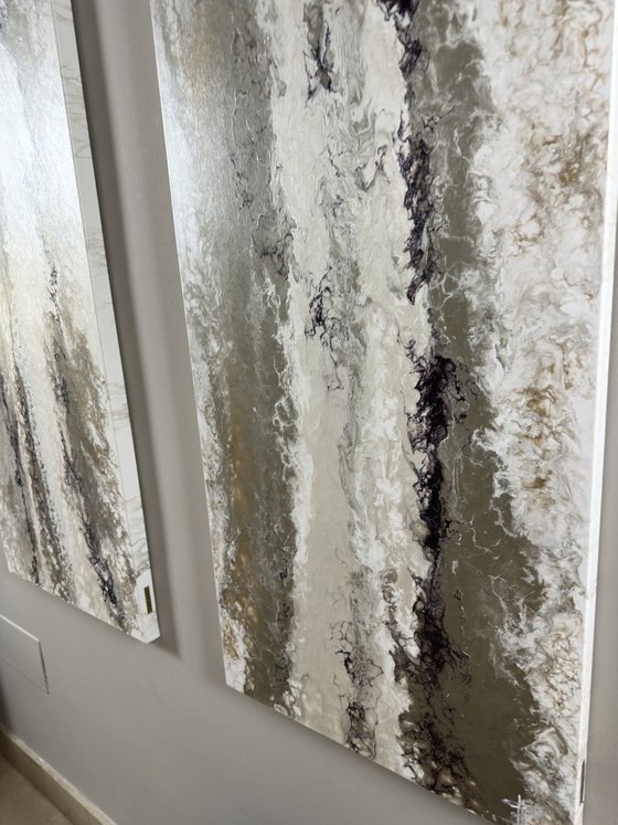 "Lithic Drift" — Ink Pearl Silver Abstract