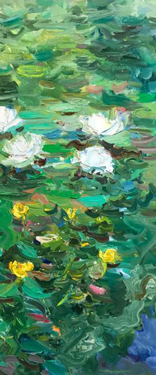 WATER LILY  - original oil landscape painting, summer, waterlily pond, green coloured by Karakhan