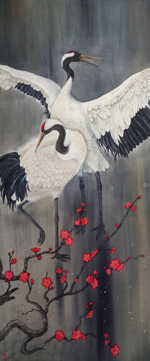 Couple Japanese  Cranes by Olga Beliaeva Watercolour
