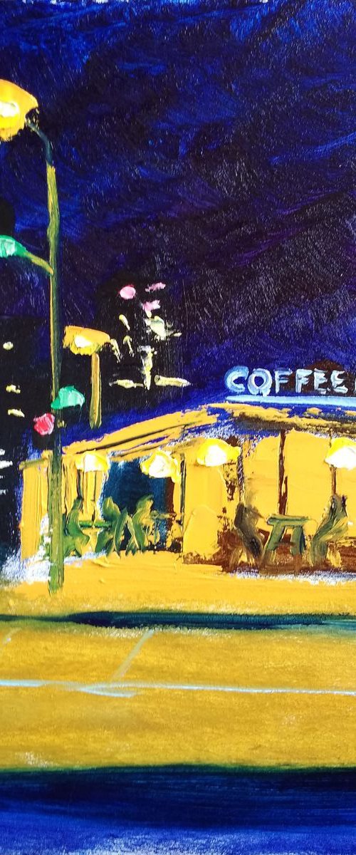 Cafe in the night city. Plein Air Painting by Dmitry Fedorov