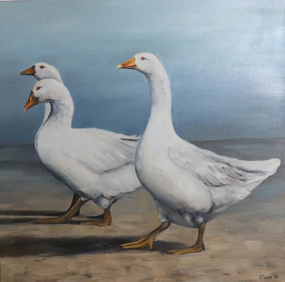 Lockdown Morning Chorus Series - A Gaggle Off to Pasture Painting, Bird Art by Alex Jabore