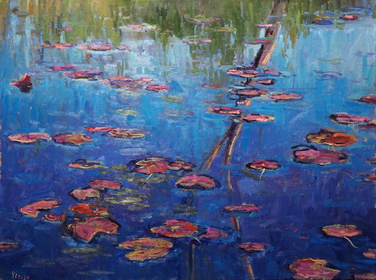 Impressionistic Landscape Oil Painting By Yuanyuan Liu, 31 X 24", Lotus Leaves, Original Artwork