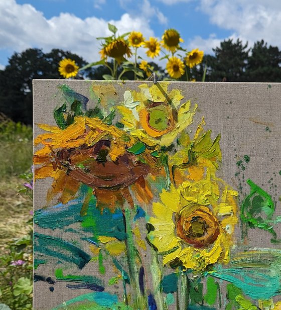 Sunflowers . 60x70 cm. Large Sunny painting "a la prima" on linen canvas