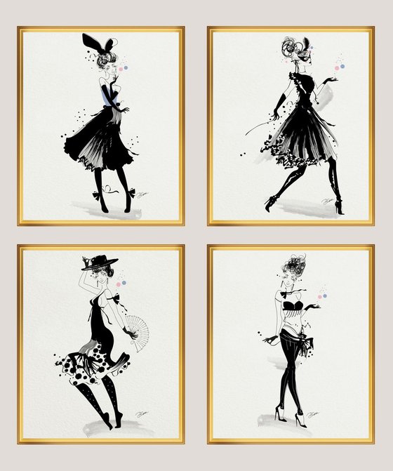 Dancers - Drawings - Set of 4 Artworks - Fashion Illustration