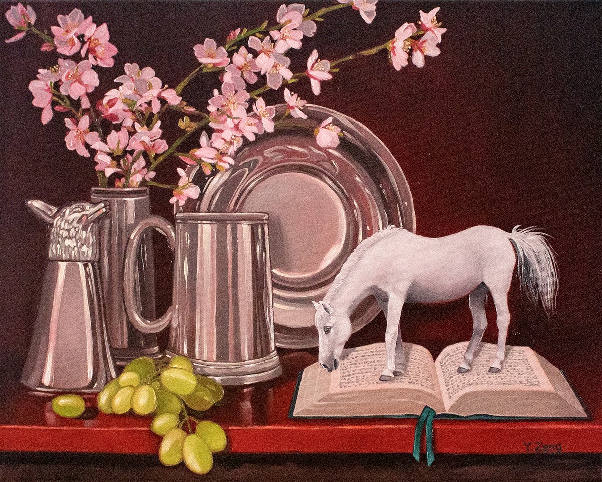 Surrealistic Still Life Oil Painting By Yue Zeng, 20 X 16", Miniature Horse Still Life, Original Artwork