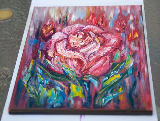 Original Abstract Rose (Palette Knife 11"x14"x0.75") by OLena Art