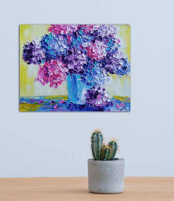 Flowers in the house - small painting, bouquet, hydrangea, flowers oil painting, oil painting, flowers,  postcard, gift idea, gift