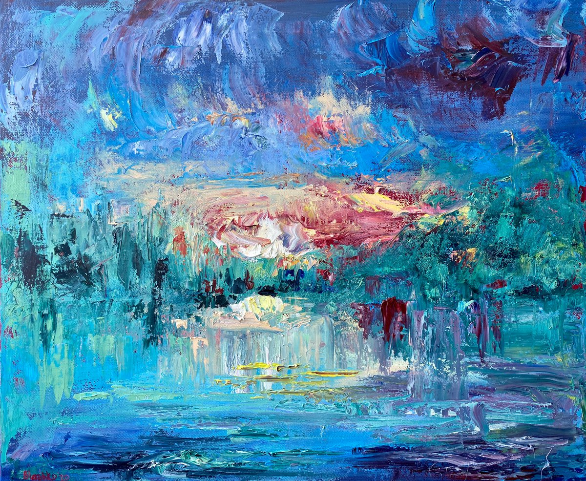 Sunset - Explosion of color, 50*60cm, abstract impressionistic landscape oil painting with... by Olga Blazhko