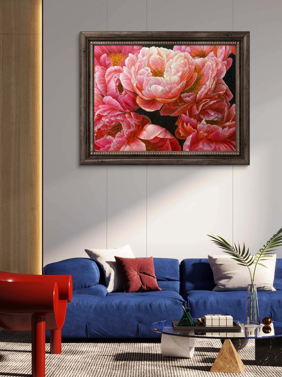 Red peonies on dark background