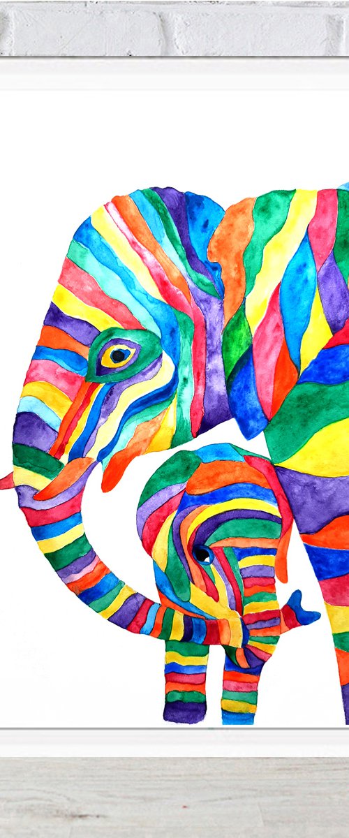 Family of elephants, watercolor art by Luba Ostroushko