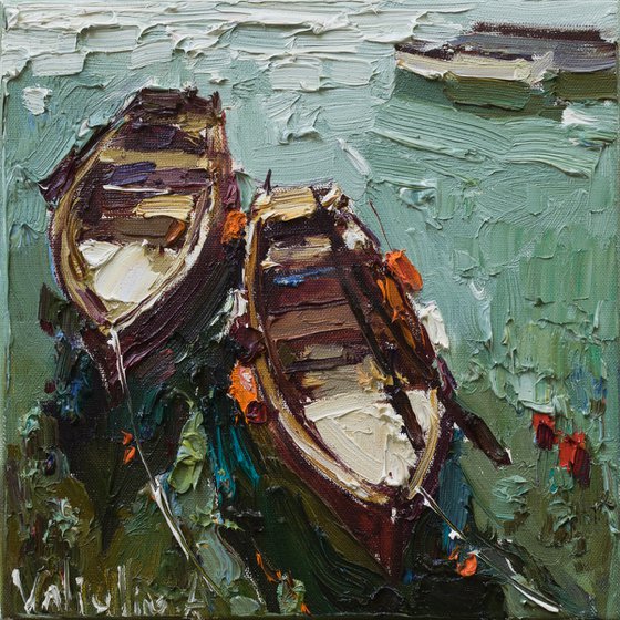 Boats   - Original  impasto oil painting