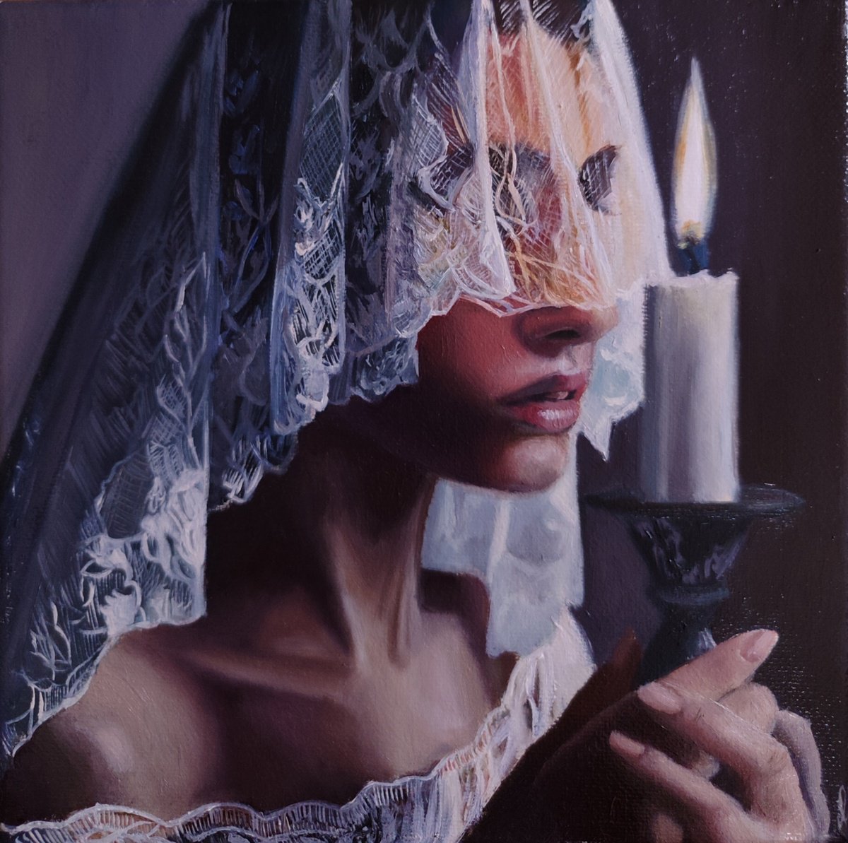 Photorealistic Portrait Oil Painting By Laura Muolo, 8 X 8", The Veiled Woman 2, Original Artwork