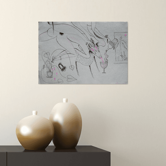 Nude erotic bunny-girl drinking wine