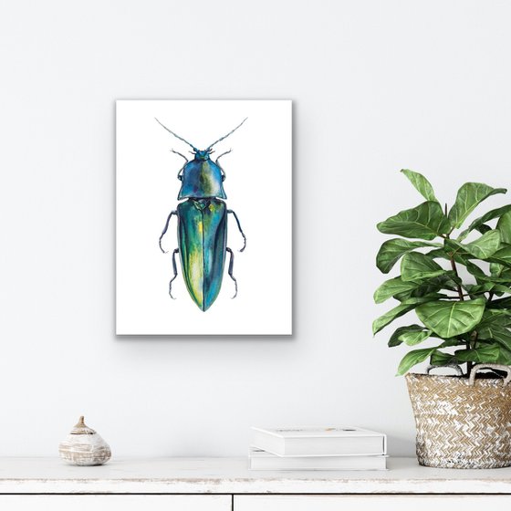 Blue longhorned beetle. Original watercolour artwork.