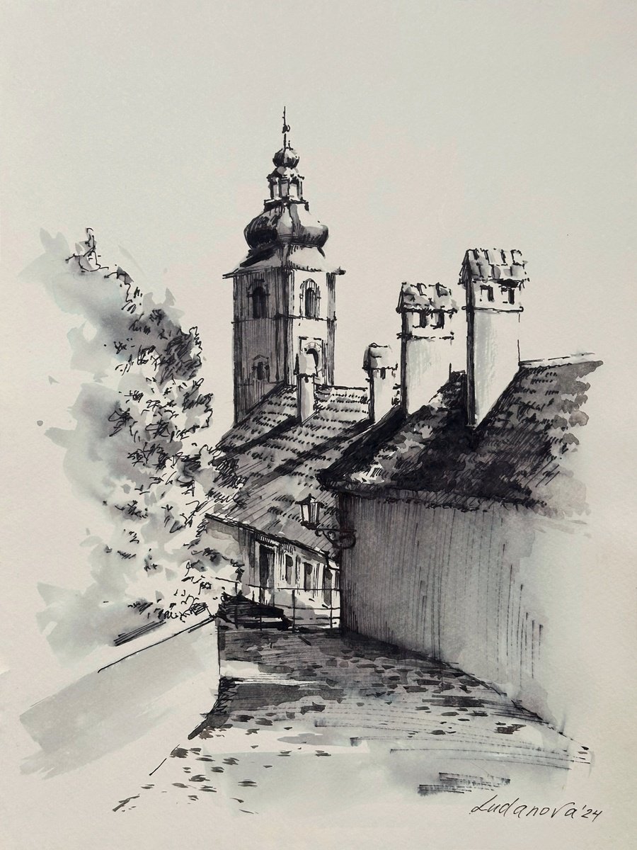 Graphic Cityscapes Drawing By Yuliia Ludanova, 9 X 13", Ptuj View, Original Artwork