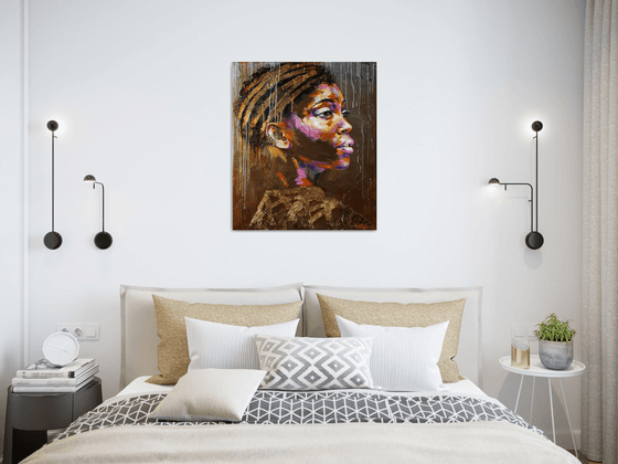 Portrait african woman - Gold of africa - Painting oil original