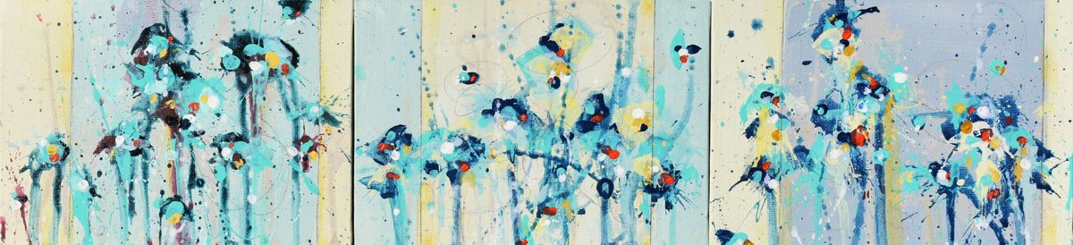 Abstract Painting By Cynthia Ligeros, 21 X 5, Free Spirit, Blue Clouds, Original Artwork