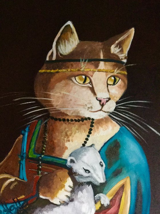 Cat with ermine . FELINE ART. Painting  for cat lovers.