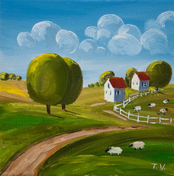 Naive rural landscape. Oil painting. 6 x 6in.