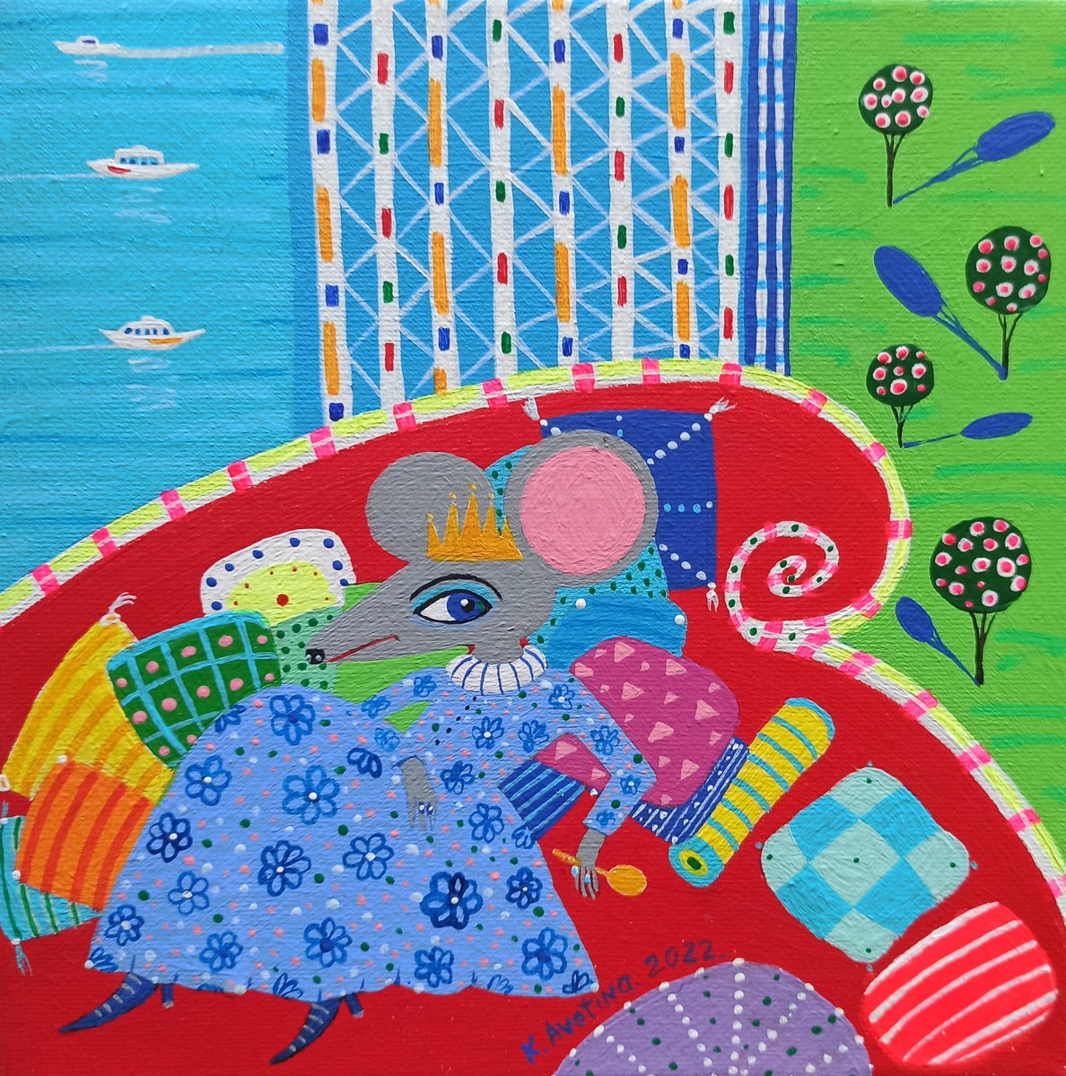 Impressionistic Animal Acrylic Painting By Katrina Avotina, 8 X 8", Princess Comfy, Original Artwork