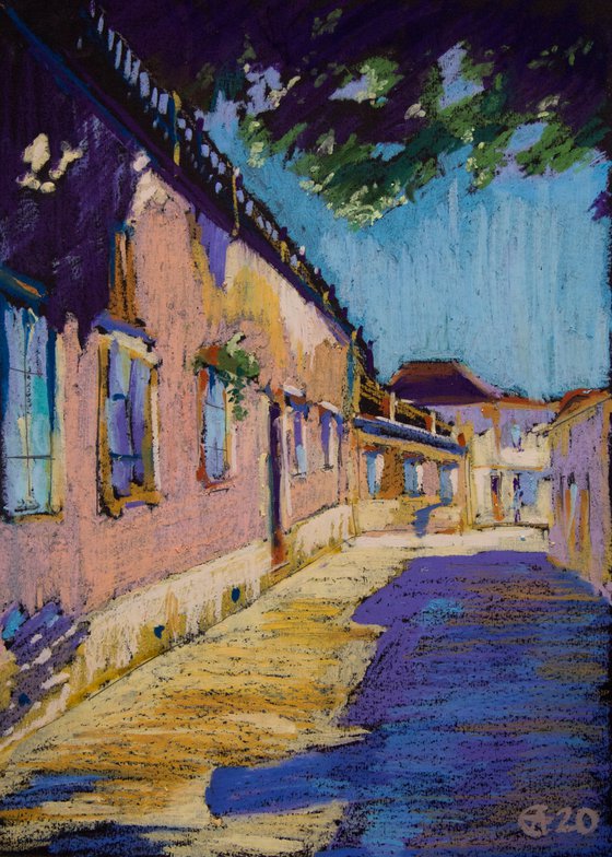 Sunny street in Faro, Portugal. Oil pastel painting. Small travel interior decor gift spain shadow original impression