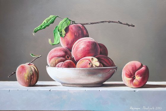 Still life - peaches (40x60cm, oil painting, ready to hang)