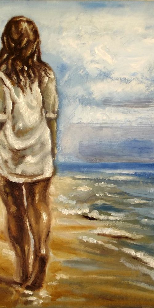 SEASIDE GIRL - THE LONELY WALK - Oil painting on canvas (60x50cm) by Wadih Maalouf