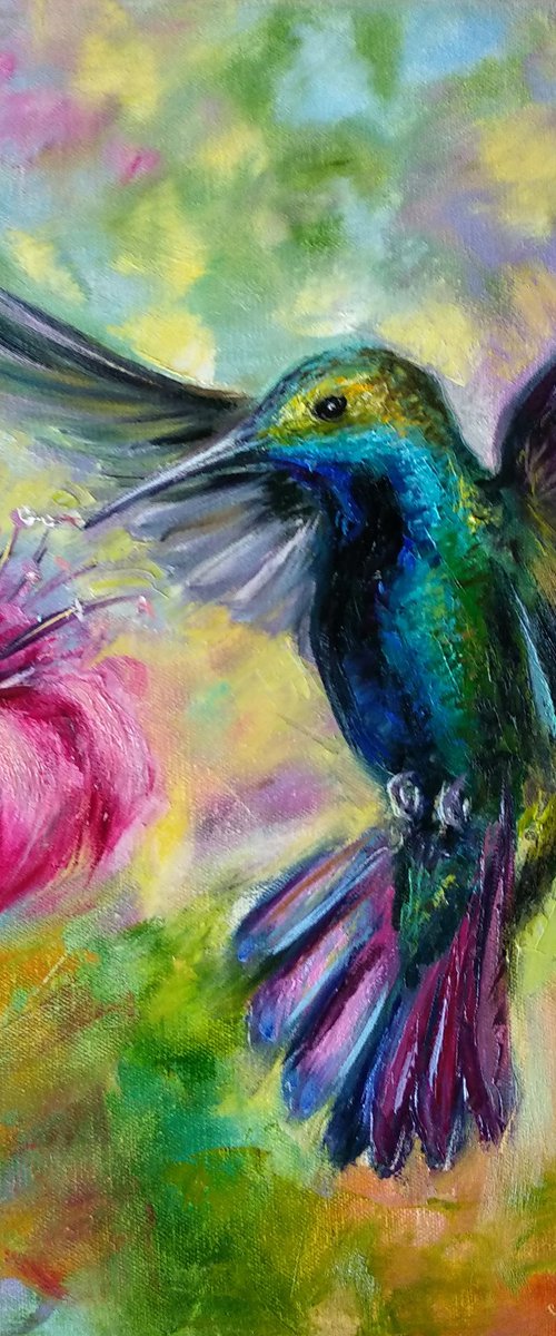 Ready to Hang Flying Hummingbird Bird Art Tropical Flower Wildlife Nature by Anastasia Art Line