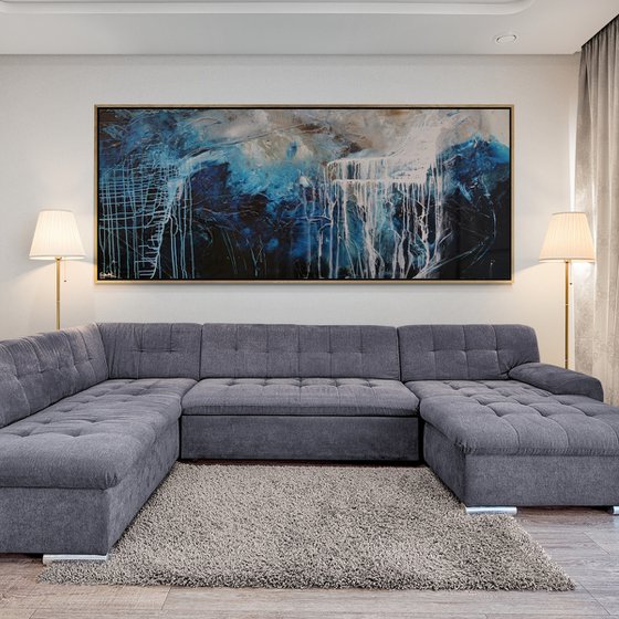 The Midnight View 240cm x 100cm Blue Grey Textured Abstract Art