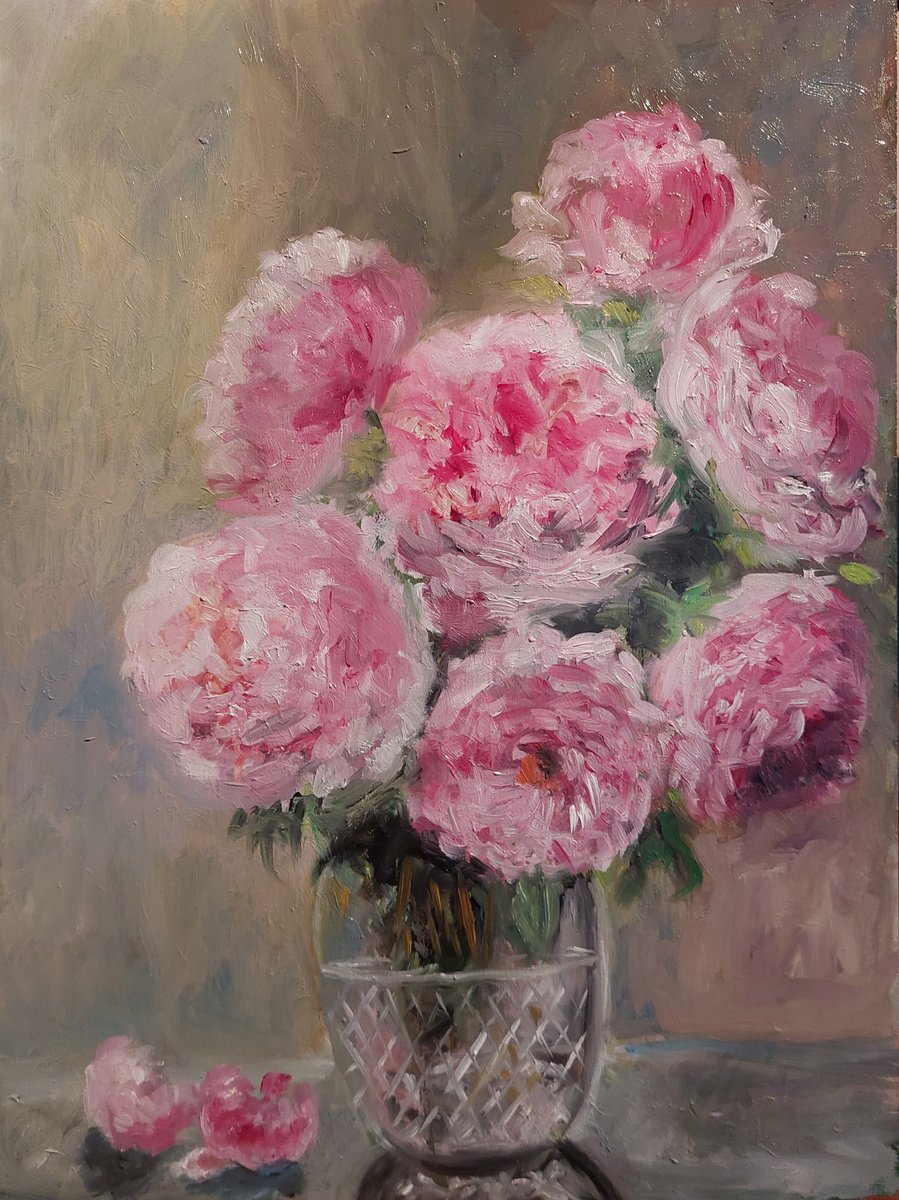 Impressionistic Botanical Oil Painting By Els Driesen, 13 X 18, Pionies In A Vase 2, Original Artwork