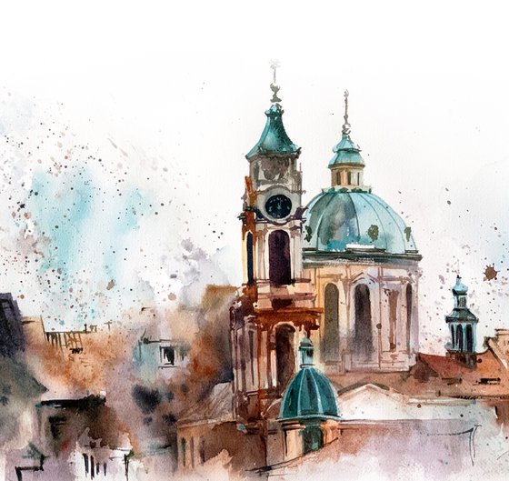 Prague Roofs Cityscape Watercolor