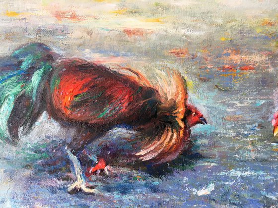 Roosters . Cockfighting . Original oil painting