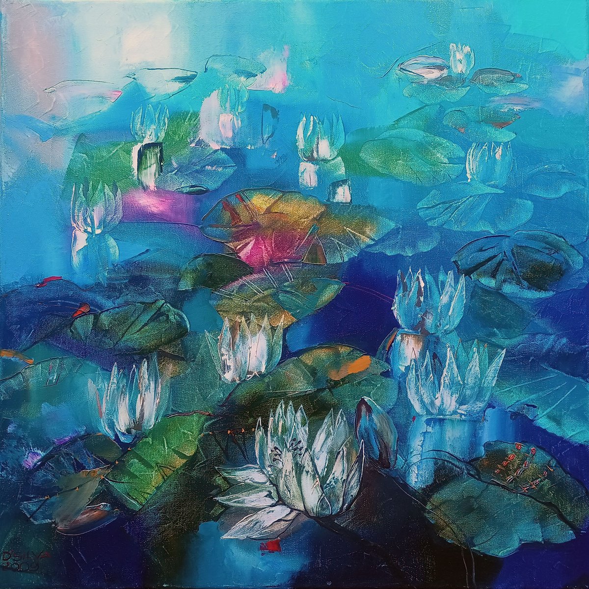 Impressionistic Botanical Oil Painting By Silvija Drebickaite, 24 X 24", Water Lilies, Original Artwork